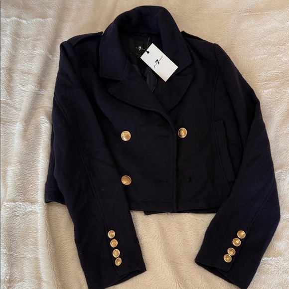7 for All Mankind Pea Coat Women's M Cropped Navy Military Style Button Up - Picture 1 of 4